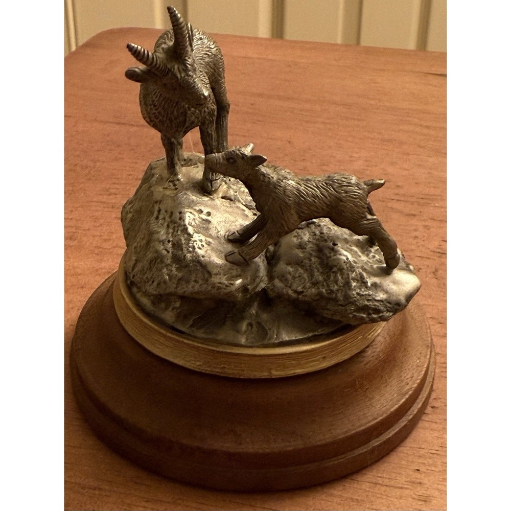 Vintage Pewter ‎ Mountain Goat With Baby  Mini Figurine Sculpture On Wooden Base